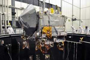 A handout picture made available by NASA on 08 September 2016 and taken on 11 February 2016 shows the OSIRIS-REx spacecraft being lifted into a thermal vacuum chamber for environmental testing, near Denver, Colorado, USA. EPA/NASA/MARINA BEHABETZ HANDOUT EDITORIAL USE ONLY