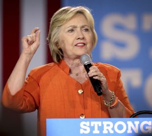 Democratic presidential nominee Hillary Clinton (L) speaks alongside US senator Bill Nelson during a campaign rally at the Osceola Heritage Park in Kissimmee, Florida, USA, 08 August 2016.  EPA/CRISTOBAL HERRERA