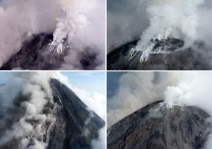 Combo de imágenes cedidas hoy, viernes 30 de septiembre de 2016, del volcán de Colima, en Colima (México), que incrementó hoy su actividad, por lo que las autoridades del estado de Colima decidieron evacuar, como medida preventiva, dos comunidades localizadas en la zona de riesgo. EFE/Protección Civil Jalisco/SOLO USO EDITORIAL