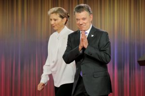 President of Colombia Juan Manuel Santos his wife Maria Clemencia Rodriguez (L) attend a press conference after Santos won the Nobel Peace Prize, at Casa de Narino in Bogota, Colombia, 07 October 2016. Colombian President Juan Manuel Santos said he was receiving the Nobel Peace Prize in the name of all Colombians and particularly the millions of victims of the decades-old armed conflict. EPA/LEONARDO MUNOZ