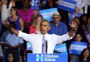 US President Barack Obama speaks during a rally to campaign for Hillary Clinton at Florida Memorial University, in Miami Gardens, Florida, USA, 20 October 2016. At a public Florida Democrats event, President Obama lays out the high stakes of November's election for Florida families and highlight Clinton's vision for an America that is stronger together, with an economy that works for everyone, not just those at the top. EPA/CRISTOBAL HERRERA