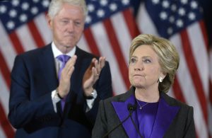 Democractic presidential candidate Hillary Clinton (R) delivers her concession speech next to her husband former US president Bill Clinton (L), at the New Yorker Hotel's Grand Ballroom in New York city , New York, USA, 09 November 2016. Republican President-elect Donald Trump will become the 45th President of the United States of America to serve from 2017 through 2020. EPA/OLIVIER DOULIERY / POOL