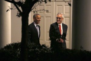 US President Barack Obama (L) walks on the colonnade with White House Chief of Staff Denis McDonough (R) prior to his departure aboard Marine One on the South Lawn of the White House in Washington, DC, USA, 14 November 2016. President Obama is traveling overseas to Greece, Germany and Peru. EPA/SHAWN THEW