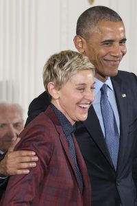 US President Barack Obama (R) awards US television host Ellen DeGeneres (L) the Presidential Medal of Freedom during a ceremony in the East Room of the White House in Washington, DC, USA, 22 November 2016. EFE